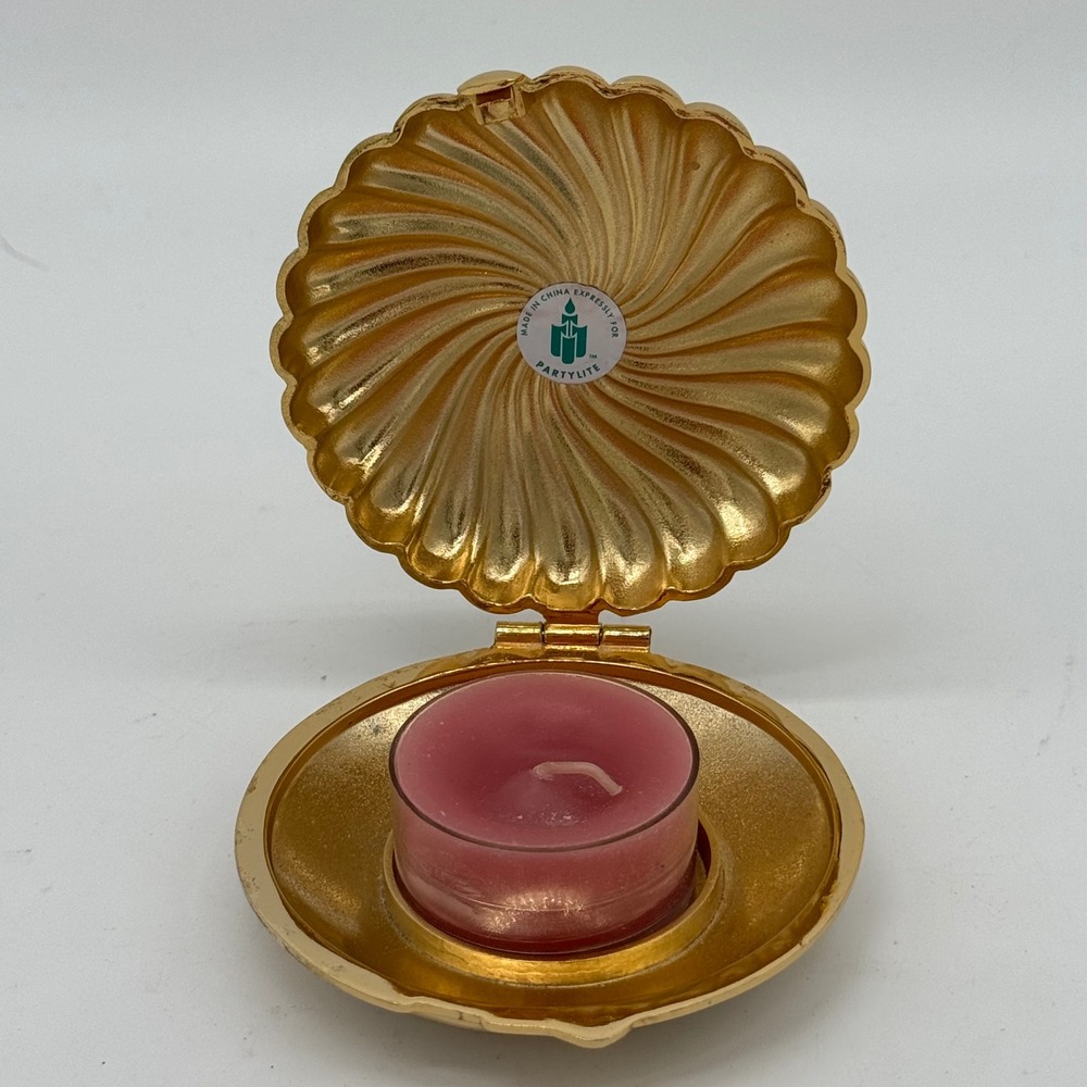 Vintage PartyLite Gold Clam Shell Travel Compact Tealight Candle Holder Brass 3"
